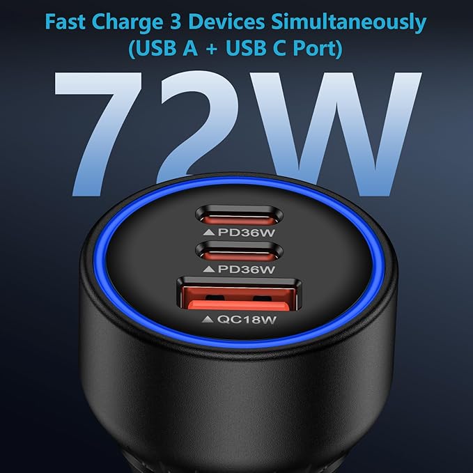Multi 3 Ports Fast Car Charger Adapter 12V Auto Vehicle Plug - USB C & USB A Quick Charging - Cigarette Lighter Cell Phone Automobile Charger for iPhone 17 Pro Max Air 17e 16e 16 15, Samsung S26