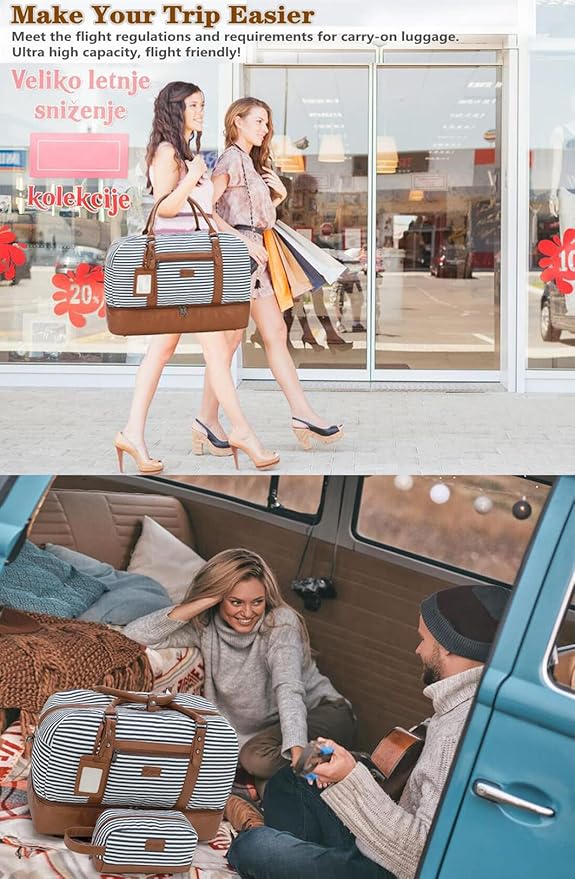 Wogarl 4PCS Weekender Bags for Women Large Overnight Weekend Travel Duffel Carry on Shoulder with Shoe Compartment Canvas Toiletry Bag for Travel Business Gym