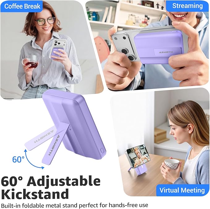 Azmuth Magnetic Power Bank,10000mAh for MagSafe Battery Pack, 22.5W PD Fast Charging,LED Display & Foldable Stand Wireless Portable Charger for iPhone 17/16/15/14/13/12/Pro/Pro Max/Plus,Purple