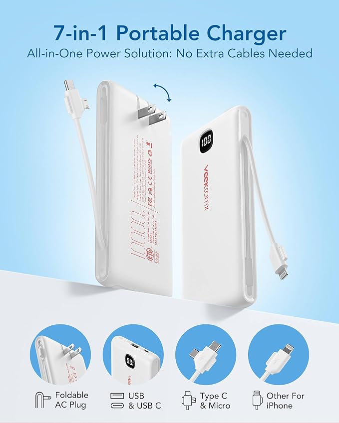VEEKTOMX Portable Charger with Built in Cables 10000mAh, Power Bank for iPhone with AC Wall Plug, Fast Charging USB C Slim Battery Pack with LED Display Compatible with iPhone 17/16/15/14, Samsung