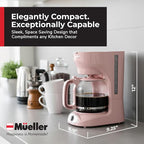 MUELLER HOME 12-Cup Pink Coffee Maker - Borosilicate Carafe, Auto-Off, Pink Kitchen Accessories, Reusable Filter, Anti-Drip, Kitchen Appliances, Keep-Warm Function