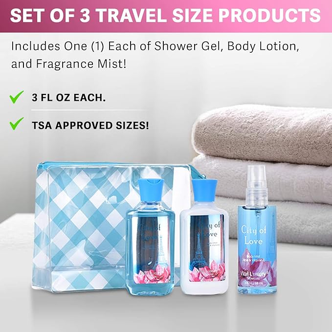 Bath and Body Gift Set for Women & Girls, City of Love Spa Set, Personal Self Care Travel Kit, 3PCS Set with Shower Gel, Body Lotion, Body Mist - Mother's Day Birthday Gifts for Her