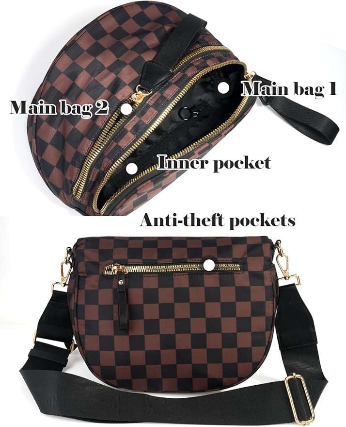 Black and White Checkered Crossbody Bag Bum Bag for Women,Spacious Checkered Purse Fanny Packs Belt Bag