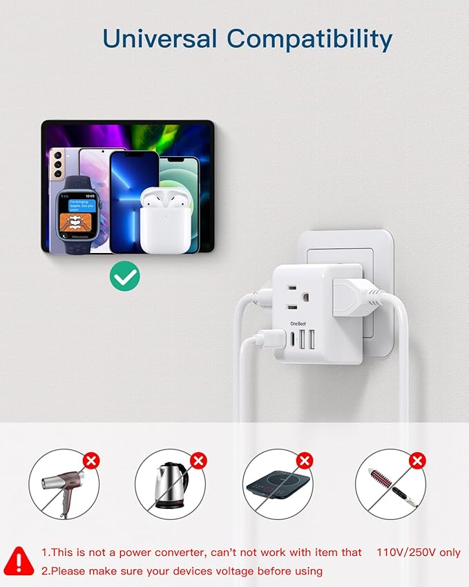 2 Pack European Travel Plug Adapter, International Power Plug Adapter with 3 Outlets 4 USB Charging Ports(2 USB C), Type C Plug Adapter Travel Essentials to Most Europe EU Spain Italy France Germany
