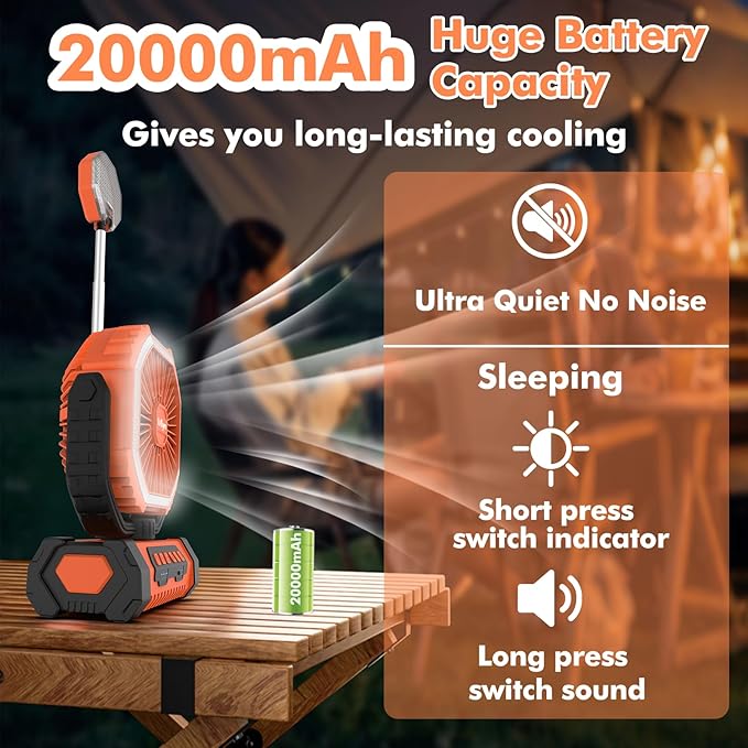 Portable Fan, AI Outdoor Rechargeable Camping Fan with Light, 20000mAh Battery Powered, 360° Rotating Hook, 4 Speeds for Indoor, Traveling, Tenting, RVing, Fishing, Beach (Orange)