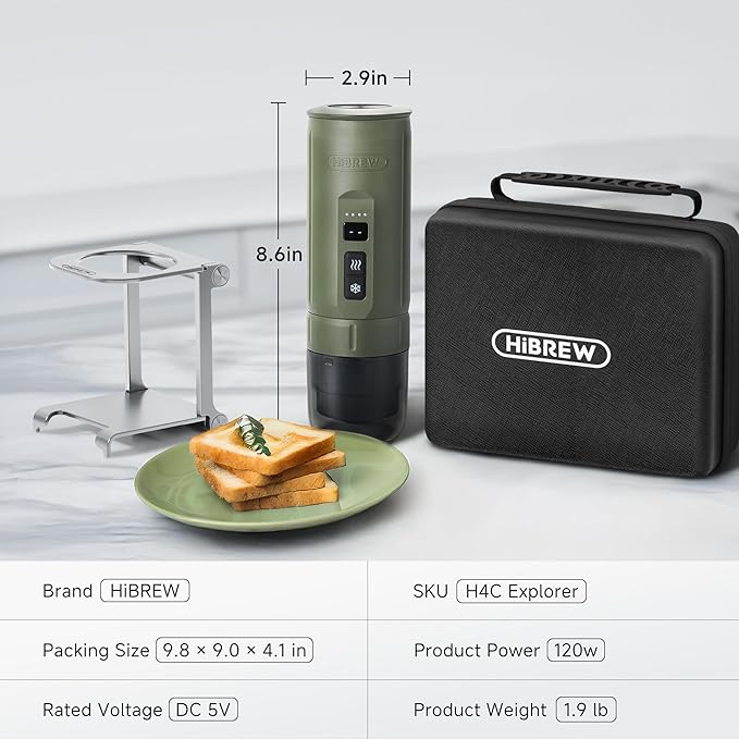 HIBREW H4C Explorer - Portable Electric Espresso Machine, USB-C Rechargeable Coffee Machine for Camping and Travel, Compact for Capsules & Ground Coffee, with Foldable Holder & Carrying Case (Green)