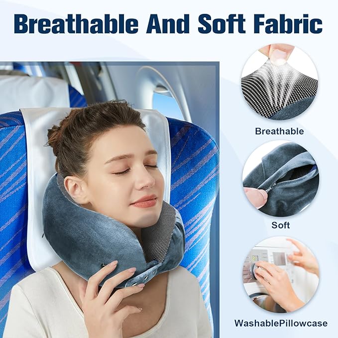 Cirorld Neck Pillow for Traveling, Travel Pillows for Airplanes,100% Pure Memory Foam Travel Neck Pillow, Adjustable Flight Pillow, Portable Plane Accessories with Eye Mask, Earplugs, Carry Bag