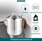 APOXCON Coffee Percolator Stainless Steel Coffee Maker with Fireproof Solid Wood Handle & Tough Glass Clear Brew Progress Knob Camping Coffee Pot Using on any Stovetop NO Aluminum NO Plastic (6 Cup)