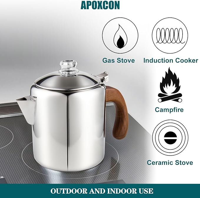 APOXCON Coffee Percolator Stainless Steel Coffee Maker with Fireproof Solid Wood Handle & Tough Glass Clear Brew Progress Knob Camping Coffee Pot Using on any Stovetop NO Aluminum NO Plastic (6 Cup)