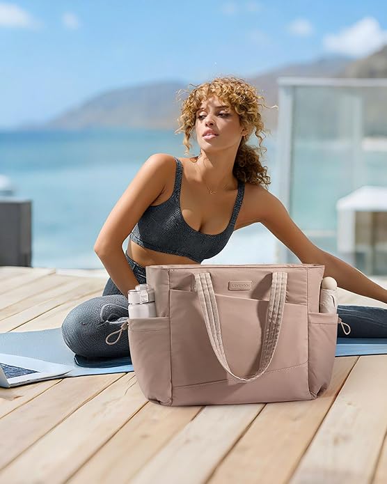 LOVEVOOK Gym Tote Bag for Women, Puffy Yoga Mat Bag with Large Cup Holder & Wet Pocket, Work Nurse Bag for Travel Workout