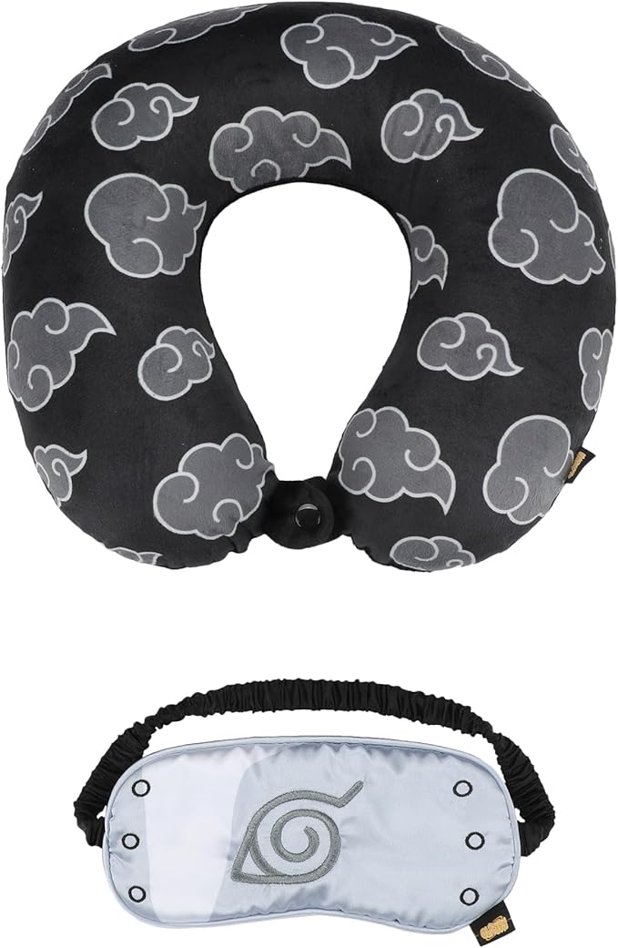 Bioworld Naruto Gray Clouds 3-Piece Neck Pillow Travel Set with Eye Mask & Blanket