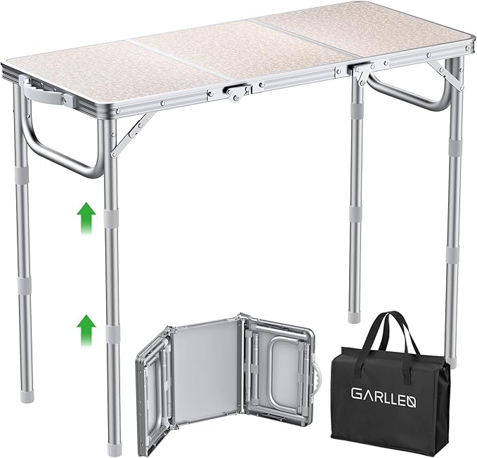 GARLLEN Folding Camping Table, 3-Height Adjustable Portable Folding Camping Table with Storage Bag, Lightweight Picnic Aluminum Table for Camping, BBQ, Outdoor, 34.2" L x 15.7" W, Silver