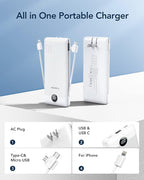 VEGER Portable Charger with Built-in AC Plug and Cables, All in One 10000mAh Ultra Slim Power Bank Travel Essentials, Fast Charging Battery Pack Compatible with iPhone, Samsung, Android (White)