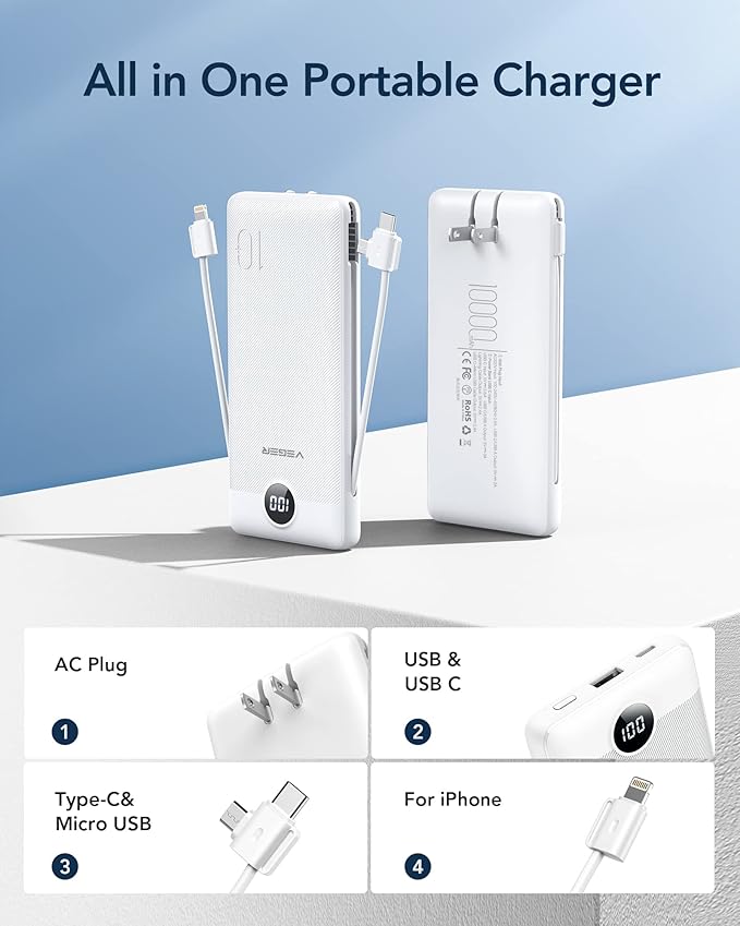 VEGER Portable Charger with Built-in AC Plug and Cables, All in One 10000mAh Ultra Slim Power Bank Travel Essentials, Fast Charging Battery Pack Compatible with iPhone, Samsung, Android (White)