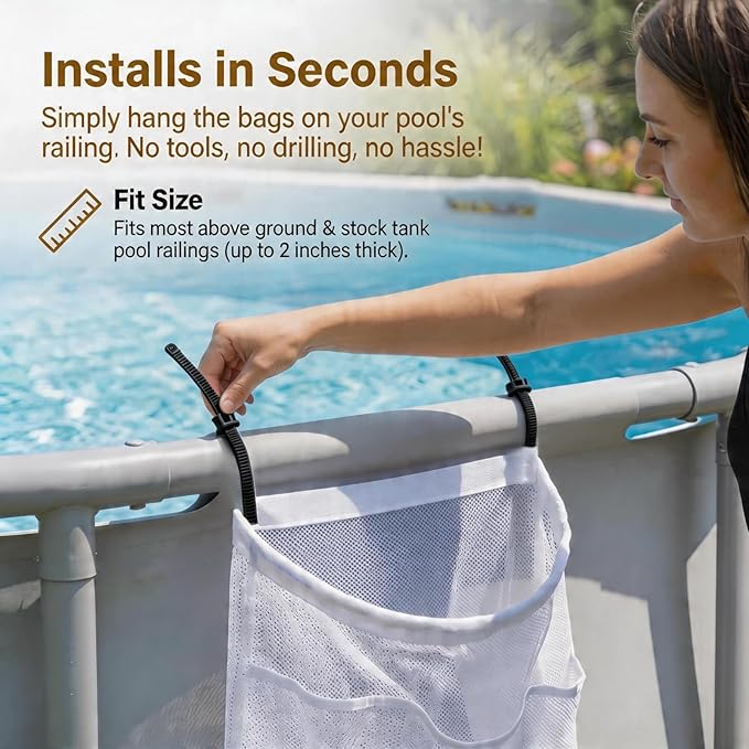 3 Pieces Above Ground Pool Storage Bag - 2 Pcs Pockets Bags & One Large Drawstring Mesh Organizer for Large Floats, Toys, Sports Balls, Towels & Beverages