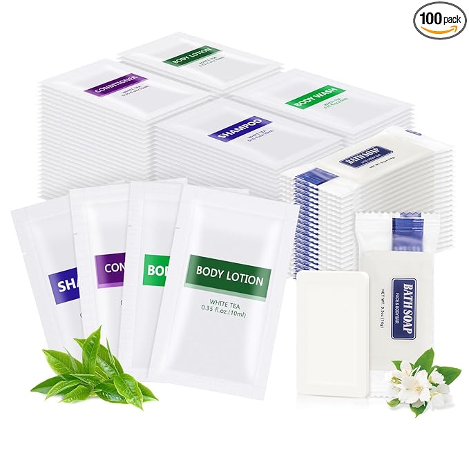 5IN1 Toiletries Bulk Travel Size Set(100 Pcs) 5-Piece Set: 20pcs Travel Size Body Wash, 20pcs Hotel Shampoo, 20pcs Mini Conditioner, 20pcs Body Lotion, 20psc Bar Soap, Bulk Mini Guest Amenities Supply