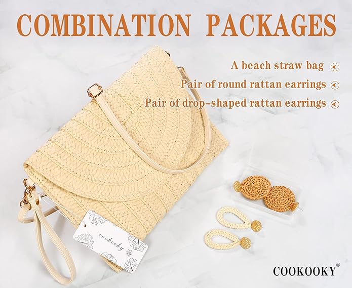 COOKOOKY Straw Clutch Handbag Summer Beach Straw Purse for Women woven Envelope Bag | Straw, Summer, Beach, woven, Straw, Summer