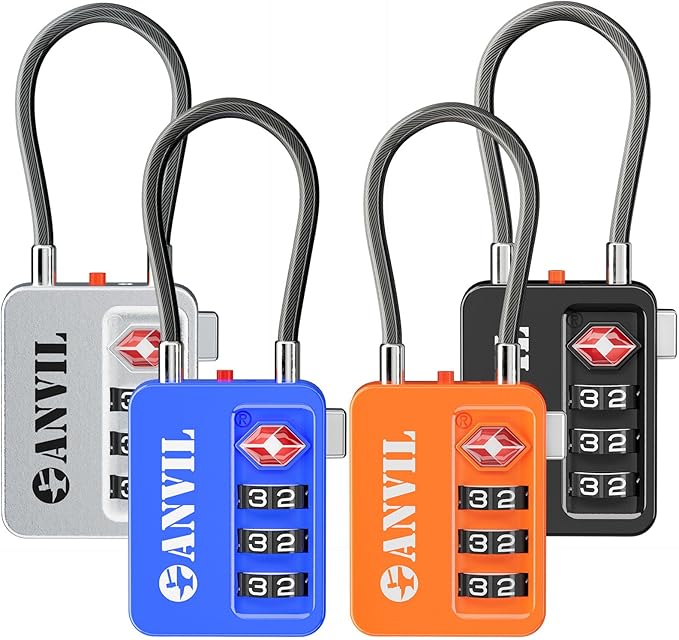 ANVIL TSA Locks for Luggage with Search Alert: Durable Cable Combination Locks, TSA Approved - Secure Travel Locks for Suitcases, Backpacks & Gun Cases (4 Colors)