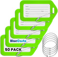 BlueCosto - Luggage Tags - Green, 50 Pack - Suitcase Tags with Name ID Card & Heavy-Duty Metal Wire Loops - Bright Colored PVC Identifiers for Travel Baggage - Backpack Name Labels
