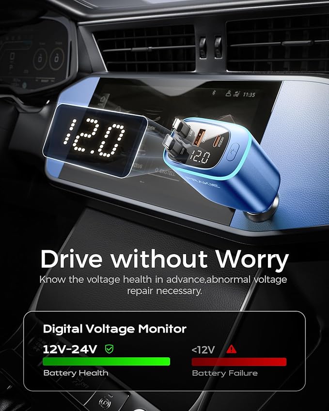 Car Charger, iPhone Fast USB C Phone Car Charger, Cigarette Lighter Adapter with 2 Cables 25 Inch and 2 USB Ports, Retractable 4 in 1Multi Port USB Car Charging for iPhone 17/16/15/14/13/Pro Max-Blue