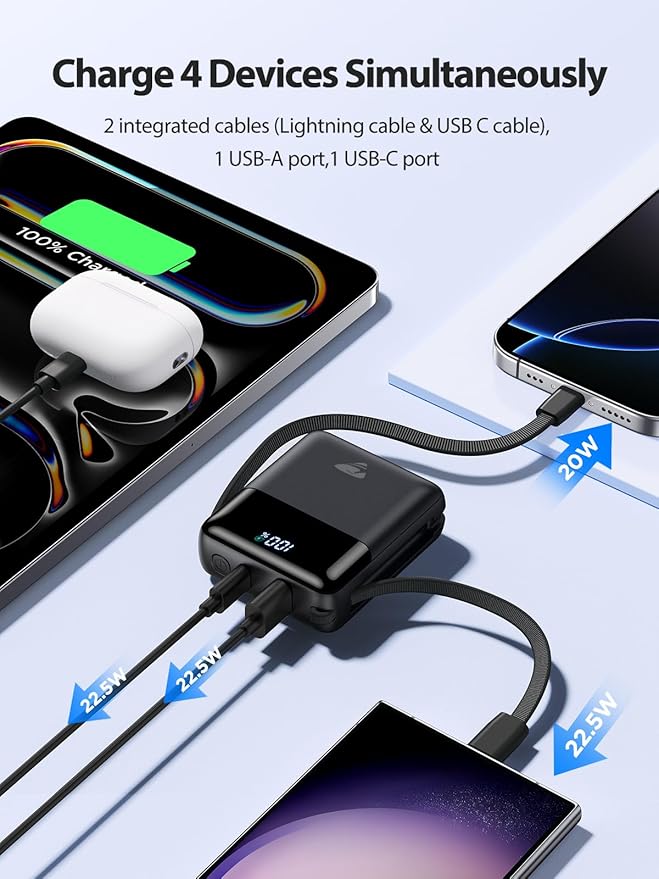 Portable Charger 10000mAh Power Bank Fast Charging, 22.5W USB C Battery Pack with Built-in Cables, Small Portable Charger Travel Essentials Power Bank for iPhone 17 16 15 14, Samsung, iPad, Android
