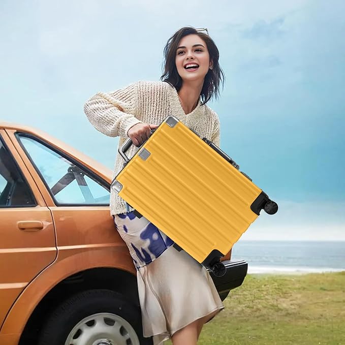 Krute Carry On Luggage 20 inch Aluminum Frame Luggage with Spinner Wheels Hardshell No Zipper PC+ABS TSA Lock Zipperless Suitcases Yellow
