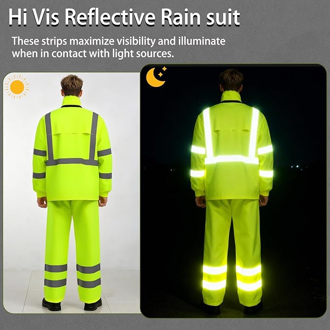Hi Vis Class 3 Safety Rain Jacket for Men Waterproof, Reflective High Visibility Rain Gear Construction Rain Suit (Yellow 4XL/5XL)