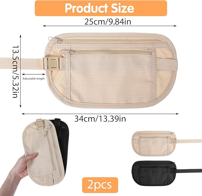 2 Pcs Travel Money Belt for Women,Hidden Money Pouch for Travel,Undercover Anti-Theft Travels Moneys Belt Under Clothes for Cash Cards Passport Keys Mobile Phone for Men Women