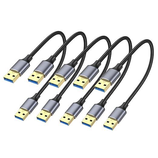 USB Cable 1FT 5-Pack, Short USB A Male to Male Cable Double Sided USB 3.0 Cord Compatible with Hard Drive, Laptop Cooler, DVD Player and More
