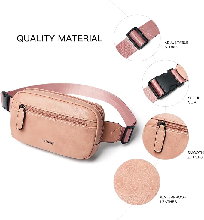 LATMAP 2L Fanny Packs Everywhere Belt Bag Small Fashion Crossbody Waist Pack Faux Leather Waterproof Sling Chest Bag For Women Trendy Pink