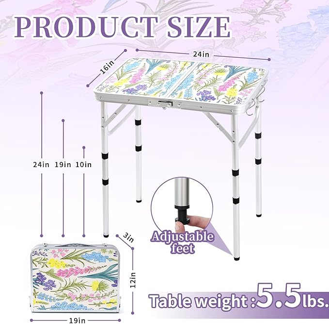 Yriuat Folding Camping Table 2ft Portable Pinic Table Adjustable Height Small Card Table Aluminum Foldable Lightweight with Carry Handle for Outdoor Indoor Hiking Camp BBQ Beach (Blooming Floral)