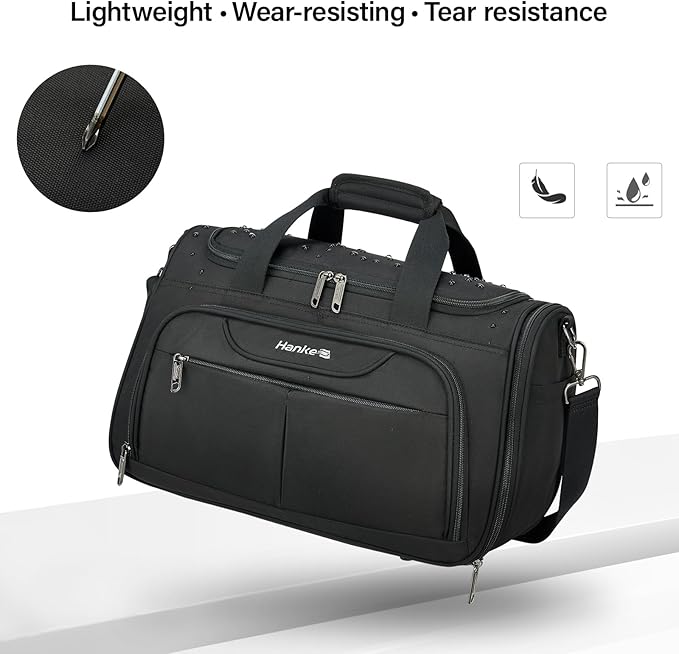 Hanke Small Travel Duffel Bag, Under Seat Carry On Personal Item Bag with 11 Pockets, Lightweight Water Resistant Foldable Weekender Bag with Trolley Sleeve for Travel Gym Daily Use（Black）