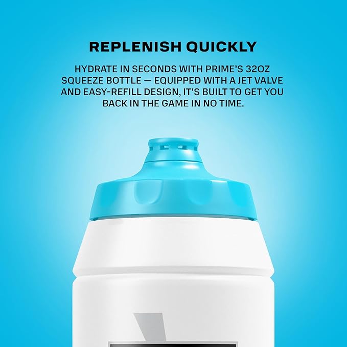 PRIME 32 oz Blue Chill Squeeze Sports Water Bottle, BPA Free, Dishwasher Safe, Easy-Grip Ergonomic Leakproof Design, Fast Hydration for Gym, Cycling, Running