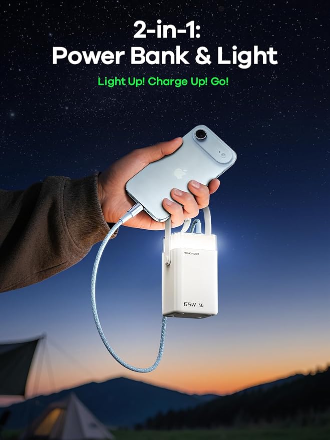 REWONDER 65W Charger Power Bank 40000mAh, Large Capacity Portable Charger Fast Charging Lightweight External Battery Bank for Travel, Camping - Compatible with MacBook, iPhone, Laptop (Glacier White)