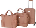 Jessica Simpson Countryside 3-Piece Set (21", Tote & Weekender) Expandable 8-Wheel Spinner Large Checked Luggage Suitcase, Mocha Mousse