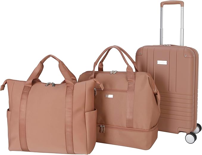 Jessica Simpson Countryside 3-Piece Set (21", Tote & Weekender) Expandable 8-Wheel Spinner Large Checked Luggage Suitcase, Mocha Mousse