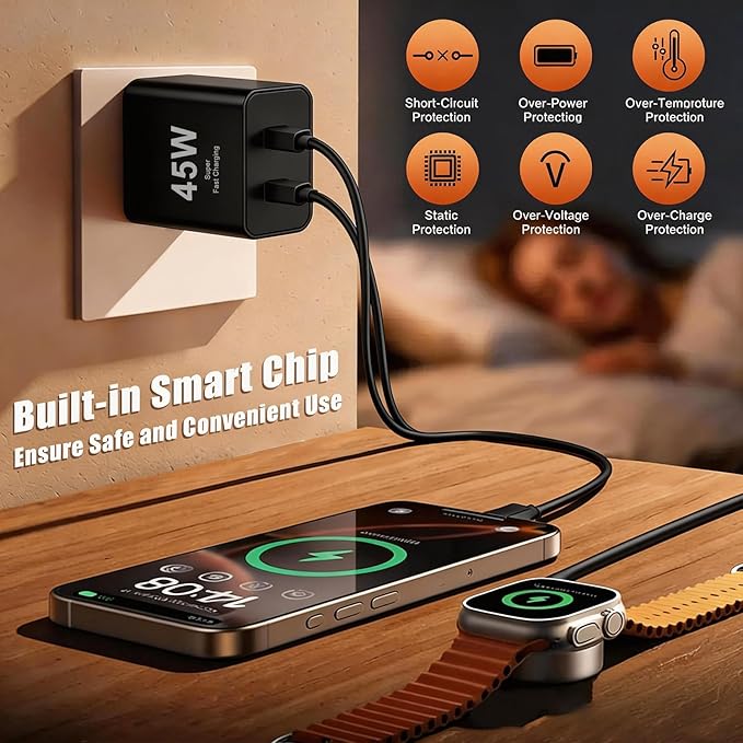 45W Dual Type C Charger Fast Charging for Samsung,PD 3.0 GaN Super Fast Android Phone Charger Block with Long USB C Cable 10FT/6FT for Galaxy S25/S25 Ultra/S25+/S24+/S23/S22/for iPhone 17/16/15 Series