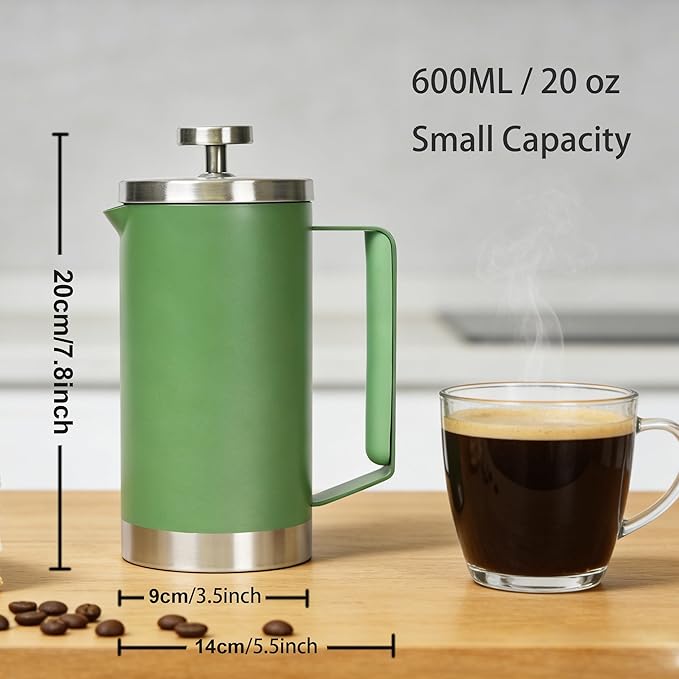 Green 600ml French Press Coffee Maker, Double Wall Stainless Steel, Detachable Filter, Cool Touch Insulated Handle, Easy to Clean, Portable Coffee Brewer for Home, Camping, Single & Couple Use