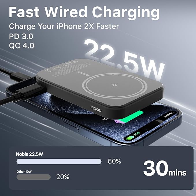 NOBIS Slim Magnetic Power Bank 5000mAh with Built-in Cable Wireless Portable Charger QC 3.0 22.5W PD Fast Charging USB C in/Out, for MagSafe Battery Pack for Phone 16 Android (Black)