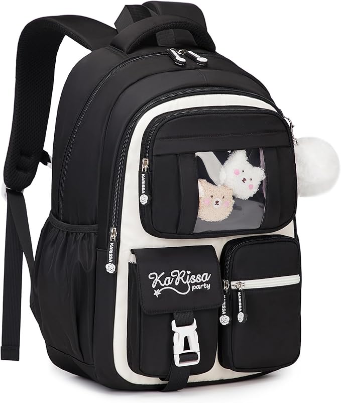 PIG PIG GIRL Kids Backpack for Girls - School Bags for Middle School Students - Book Bag for Elementary Primary - Kawaii Ita Backpack - Black and Beige