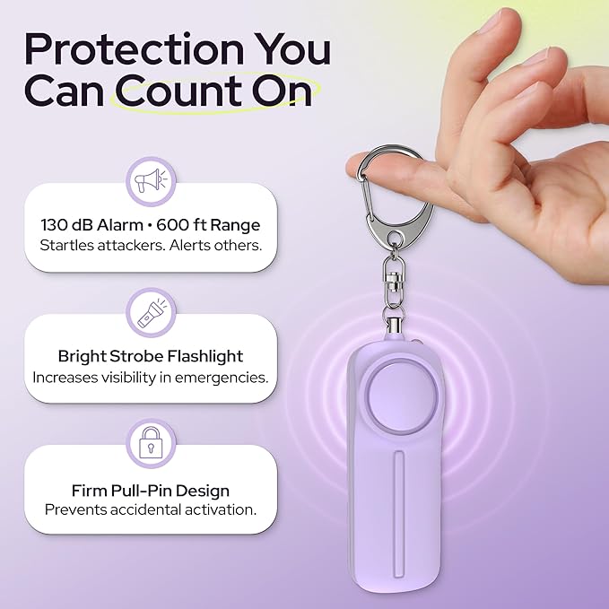 Weten Personal Safety Alarm Keychain - 130dB Siren, LED Light, Panic Pin – Compact Self-Defense Device and Emergency Whistle Alternative for Women, College, Travel, and Night Walk Protection (Purple)