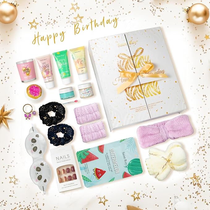 Birthday Gifts for Women, Birthday Spa Gift Basket for Women, Luxury Birthday Spa Gift Box, Rich Bath Essentials, Butter, Candle, Unique Diy Nails Set, Birthday Presents Spa Gift for Mom