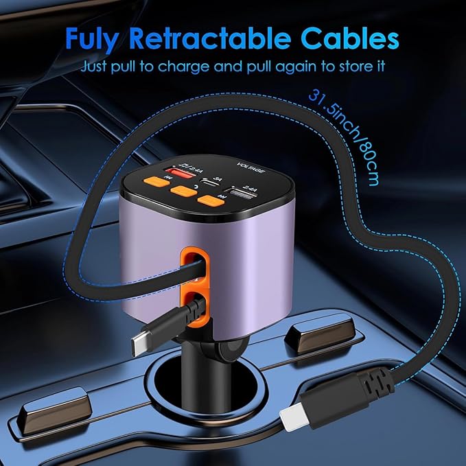 Retractable Car Charger,5 in 1 Fast Cars Phone Charger 90W,Bluetooth 5.3 FM Transmitter Adapter,Handsfree Call,2 Retractable Cables and USB Chargers for iPhone17/ 16/15/14/13/Samsung