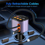 Retractable Car Charger,5 in 1 Fast Cars Phone Charger 90W,Bluetooth 5.3 FM Transmitter Adapter,Handsfree Call,2 Retractable Cables and USB Chargers for iPhone17/ 16/15/14/13/Samsung