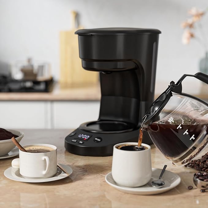 WAA 5 Cup Programmable Drip Coffee Maker, Portable Coffee Machine with Glass Pot, Includes Hot Plate and Reusable Filter, Auto Shut-Off and Delay Brew, 25oz Water Tank, Black