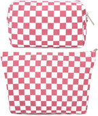 SOIDRAM 2 Pcs Checkered Makeup Bag Large Cosmetic Bag Toiletry Bag Makeup Pouch Travel Bag Organizer Cute Makeup Brushes Aesthetic Accessories Storage Bag for Women Peach Pink