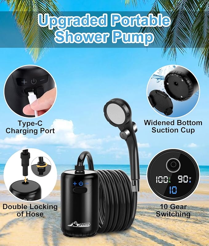 2026 Upgraded Portable Shower for Camping, 8000mAh Rechargeable Camping Shower with Fahrenheit Display, 10 Gear Switching, IPX8 Waterproof, Ideal for Outdoor Camping, Travel, Car Washing, Pet Bathing