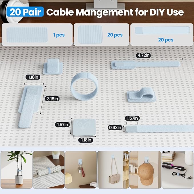 Cable Management Under Desk, 【Up to 15 Cord】【Enhanced Wire Holder】 Reusable Cord Organizer Holder, Adjustable Hook and Loop Cable Ties, Wire Clips Under Table Hider, 20 Pair(Blue)