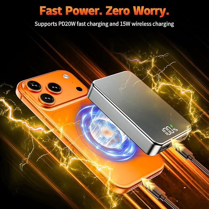 26800mAh Magnetic Power Bank, Mag-Safe Compatible Wireless Portable Charger, Aluminum Alloy, Large Capacity 20W Fast Charging USB-C, Travel Essential, for iPhone 17/16/15/14/13/12 Series, Silver Gray