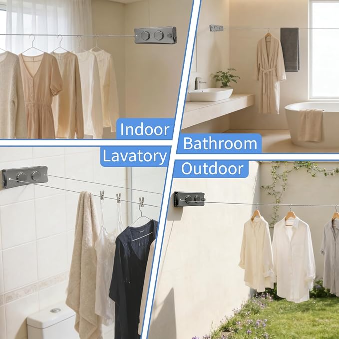 【Upgraded Heavy Duty】 Retractable Clothesline Indoor, 16.7Ft Wall Mounted Clothes Line for Laundry Room, Bathroom, Balcony, RV, Space Saving Travel Drying Rack